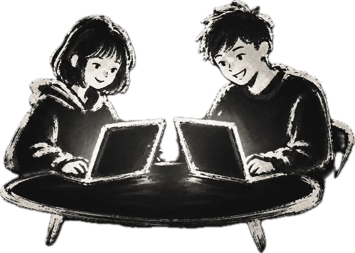 Two people working at glowing laptops at night